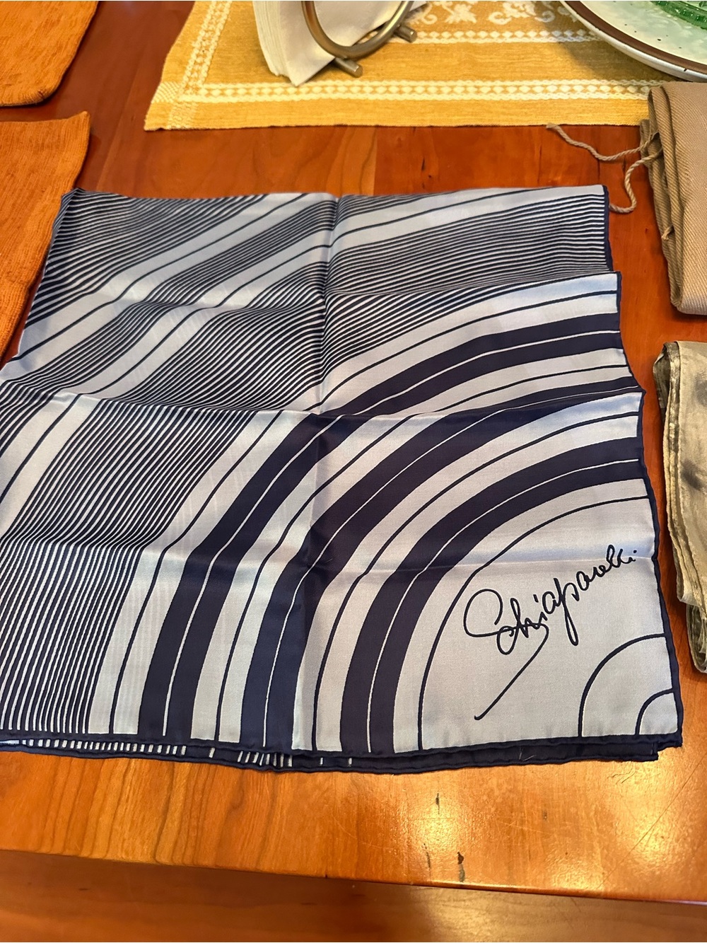 VTG 1960’s Schiaparelli silk scarf, navy & light blue op-art geometric design